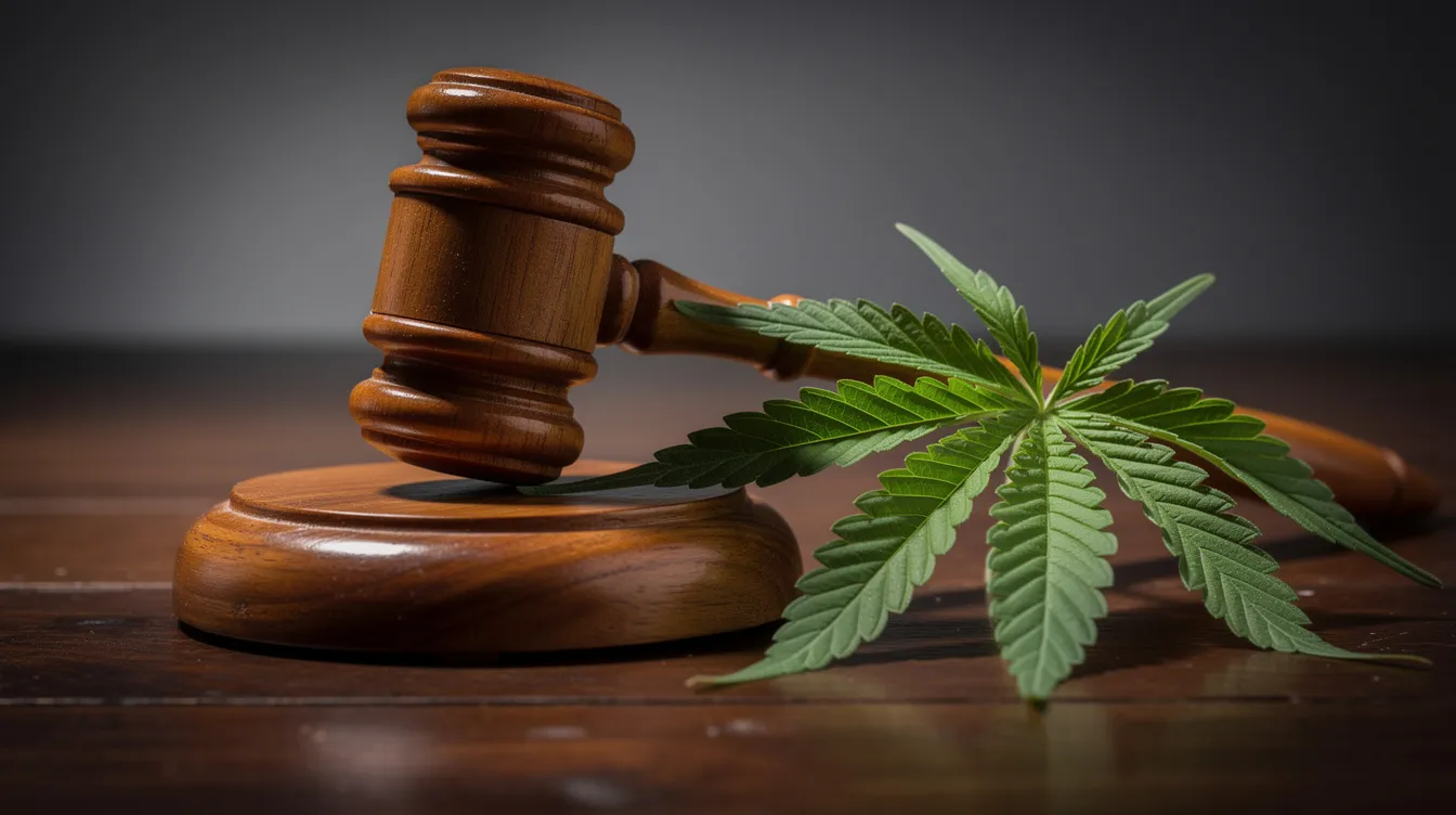 The image features a wooden judge's gavel placed on a table alongside fresh green hemp leaves, symbolizing the intersection of legal matters and hemp-derived products. This scene reflects the ongoing discussions around state laws regarding industrial hemp and the legalization of recreational marijuana in Colorado.