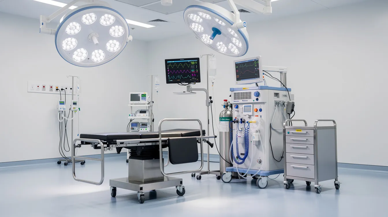455d39f1 9fba 485a 852a b0a162a3ecf2 The image shows a well-equipped operating theater featuring overhead OT lights and an anaesthesia machine, illustrating essential medical equipment necessary for surgical procedures in a hospital. This setup highlights the importance of healthcare infrastructure in providing proper treatment and support services in both public health facilities and private healthcare settings.