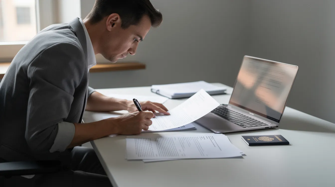 An individual is seated at a desk, intently reviewing documents while using a laptop, with a passport placed nearby. This scene suggests a focus on financial matters, possibly related to applying for a loan or reviewing personal identification for a financial institution.