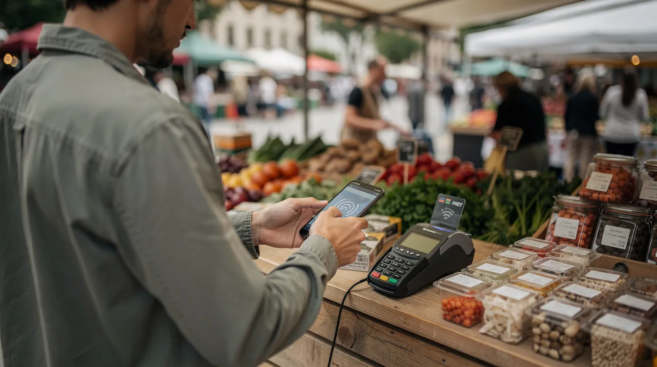 The image shows a person using their smartphone to make a contactless payment at a small market stall, highlighting the convenience of digital wallets for everyday transactions like bill payments. This scene reflects the growing trend of managing money digitally in Pakistan, promoting financial inclusion and the use of mobile wallet services.