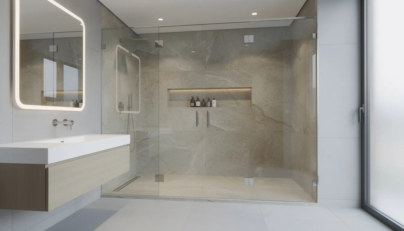 The image depicts a modern bathroom featuring a sleek glass-enclosed shower with stylish stone-look wall panels, showcasing a contemporary design ideal for a bathroom renovation. This space highlights walk-in showers that enhance accessibility and safety, making it a perfect choice for a remodel.