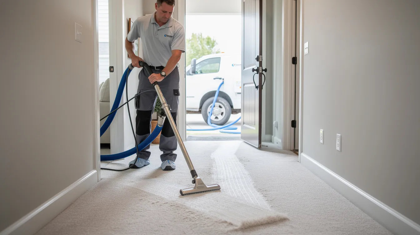 A carpet cleaning technician is using truck-mounted extraction equipment to deep clean a residential hallway, effectively lifting tough stains and odors from the carpet fibers. The technician is focused on removing stains, ensuring the carpet dries completely while utilizing professional stain removal techniques.