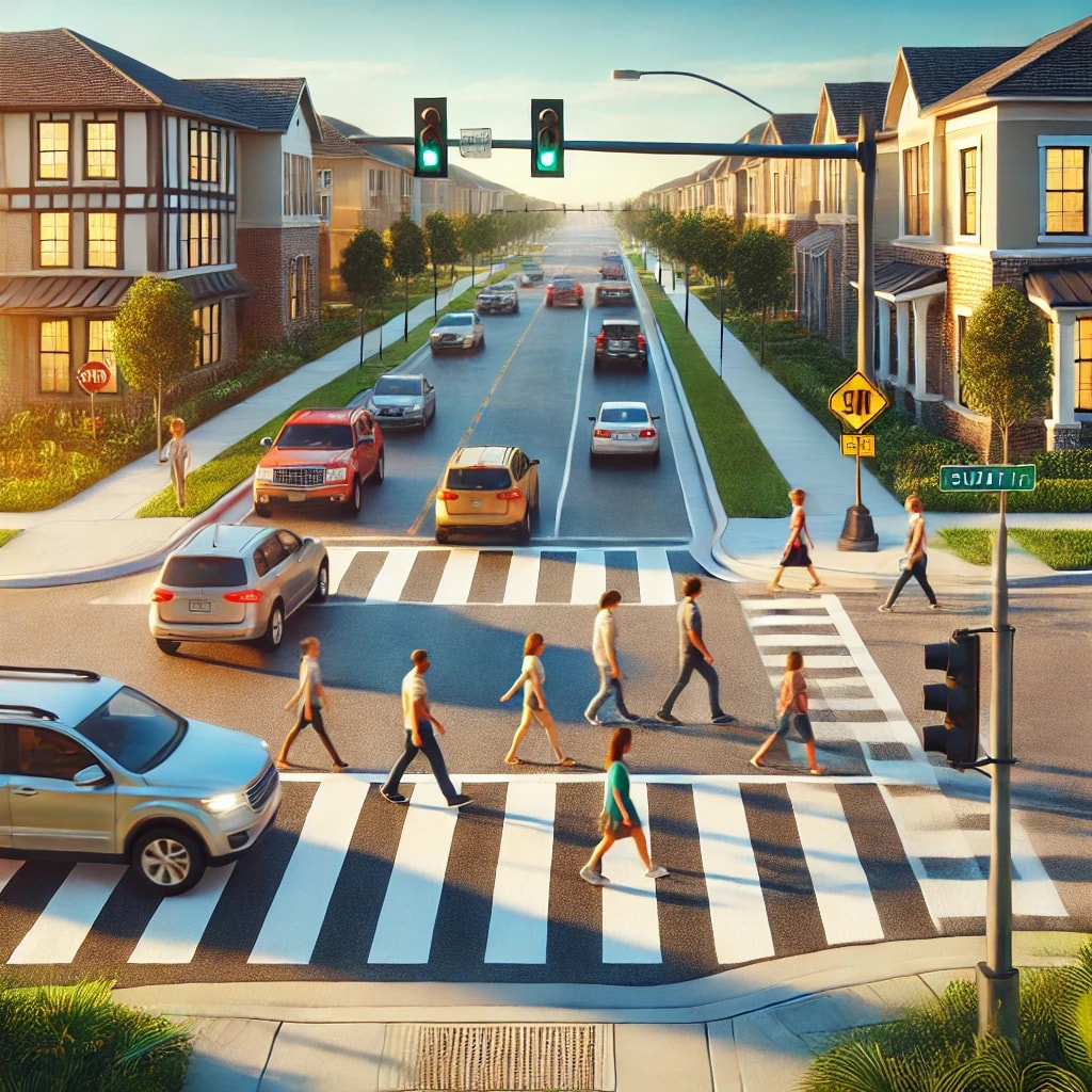 Marked crosswalk with pedestrians crossing safely in Tampa, Florida.
