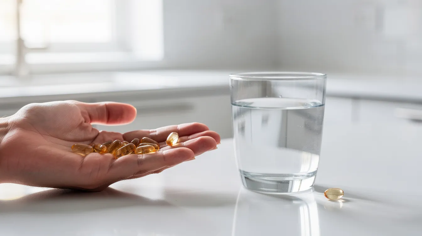 A person is holding a handful of supplement capsules next to a glass of water on a kitchen counter, suggesting a focus on enhancing testosterone levels and muscle growth. The setting implies a routine that may involve taking a testosterone booster, highlighting the importance of effective ingredients for health and fitness.