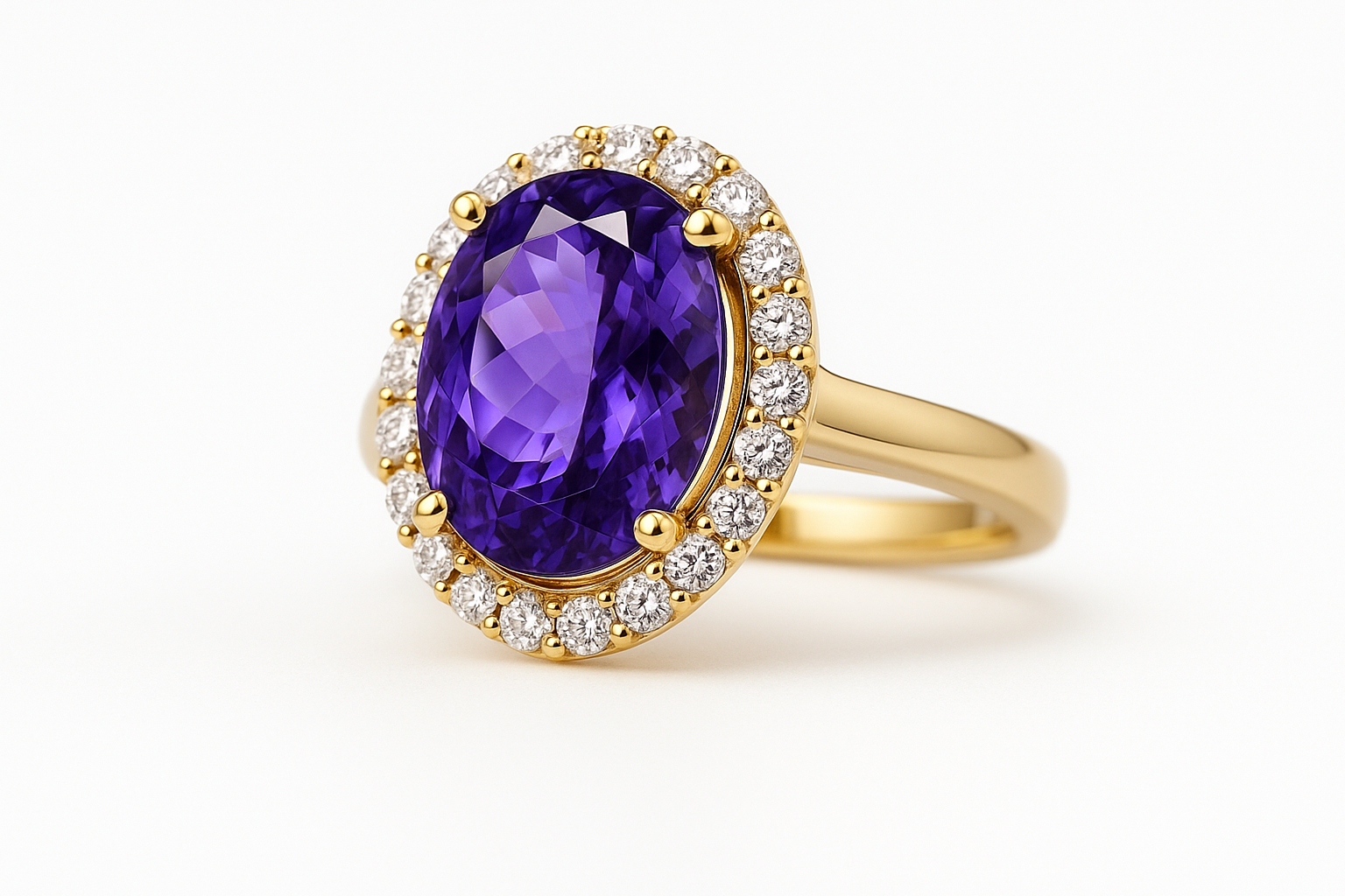 Auksinis žiedas su ovalios formos violetiniu tanzanitu centre, apsuptu mažų baltų deimantų halo dizainu, fotografuotas ant balto fono.