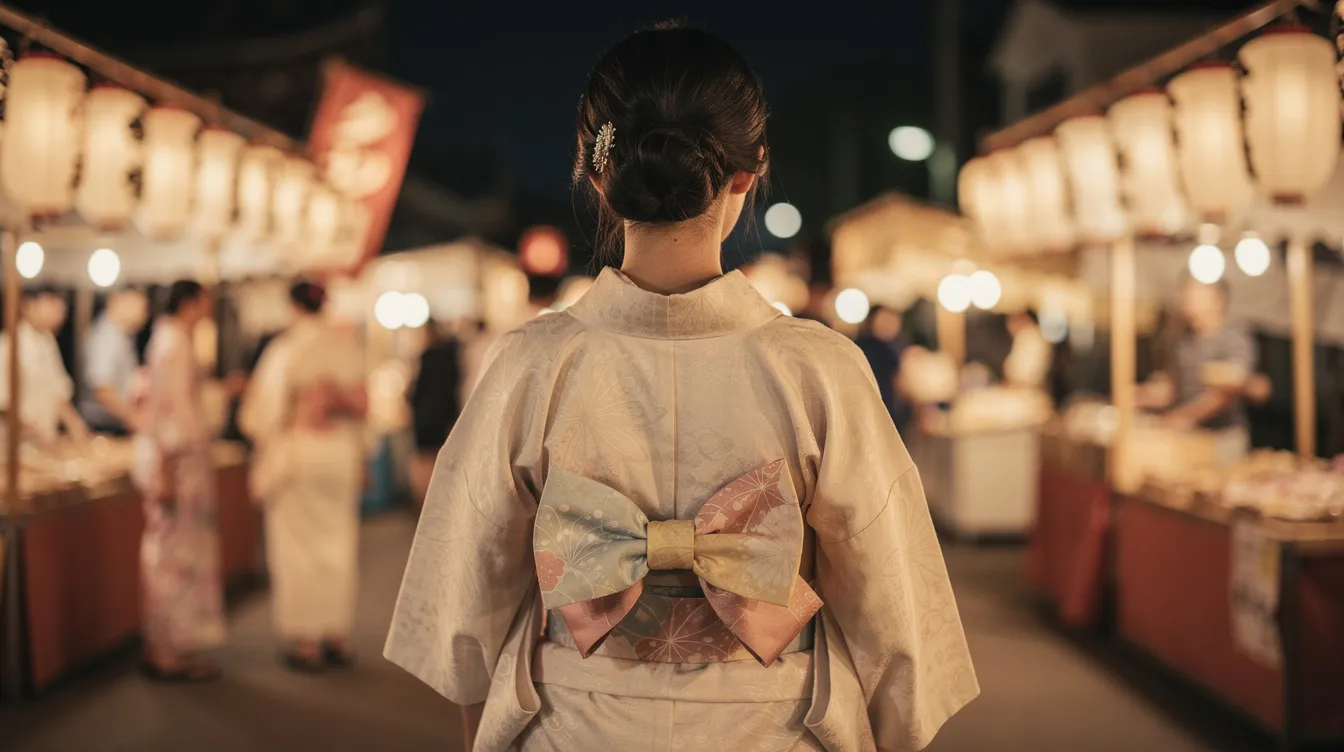 A woman is seen from the back, wearing a light-colored yukata adorned with a large butterfly-shaped bow, or obi musubi, tied at her waist. She stands near colorful paper lanterns at a summer festival, embodying the essence of Japanese culture in her casual kimono style.
