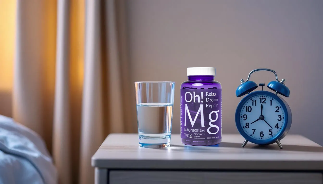 The image shows a bedside table featuring a glass of water, a bottle of magnesium glycinate supplements, and an alarm clock displaying a bedtime. This setup suggests a focus on sleep health and the potential benefits of magnesium supplementation for improved sleep quality.