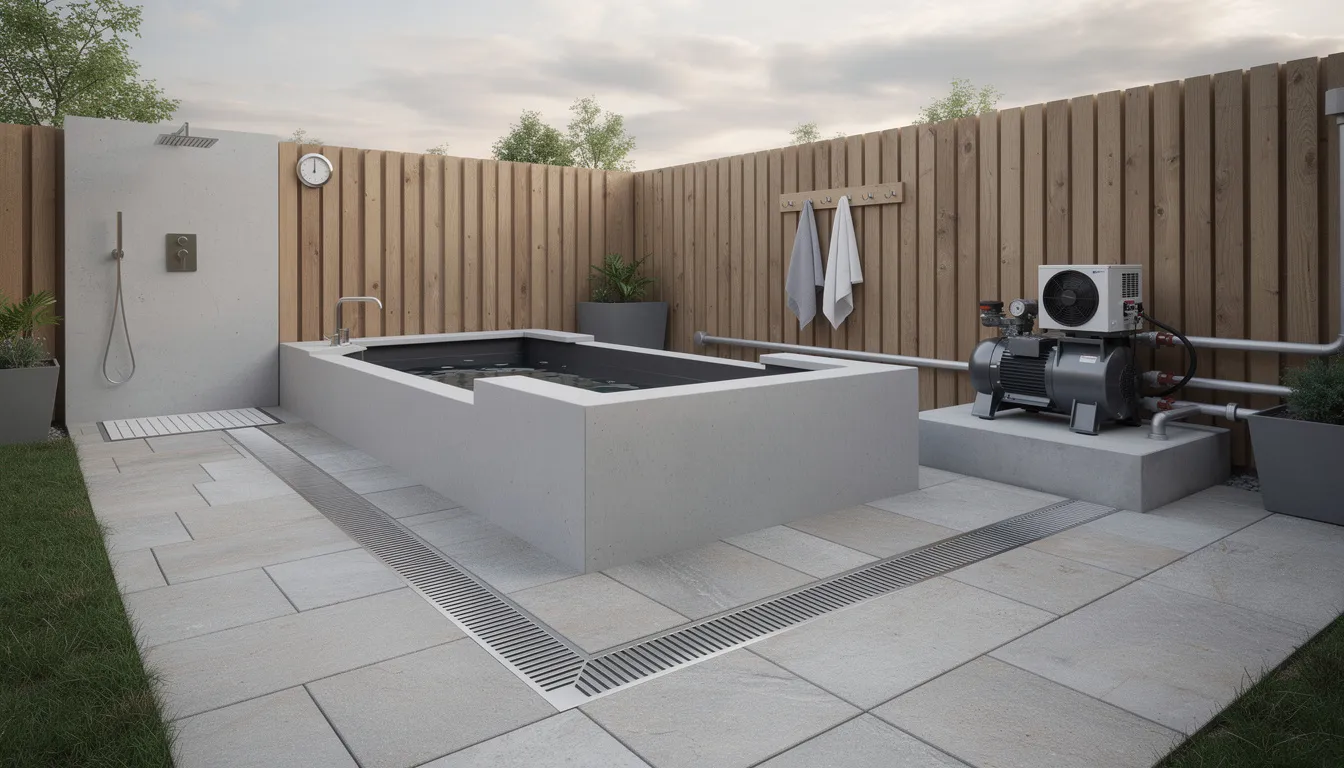 The image depicts a well-designed outdoor cold plunge setup featuring a cold plunge tank positioned for optimal drainage and equipment placement. This setup emphasizes the benefits of cold water immersion for recovery and overall wellness, ensuring safety and comfort during cold therapy sessions.