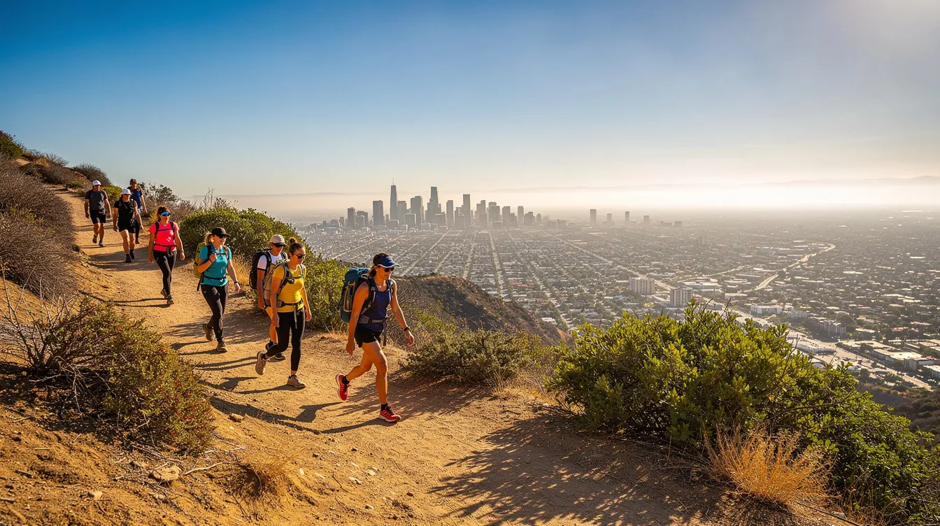A group of people is hiking up a sunny trail, with the vibrant Los Angeles cityscape visible in the background, showcasing the connection between nature and urban life. The scene captures the essence of outdoor activities in LA, where individuals can find love and friendship while enjoying the beauty of their surroundings.