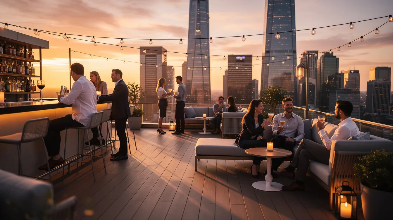 The image depicts a vibrant rooftop bar in New York City, offering a stunning skyline view at sunset. Soft lighting enhances the atmosphere as patrons enjoy signature cocktails and small plates, creating a lively vibe perfect for friends gathering at one of the best NYC bars.