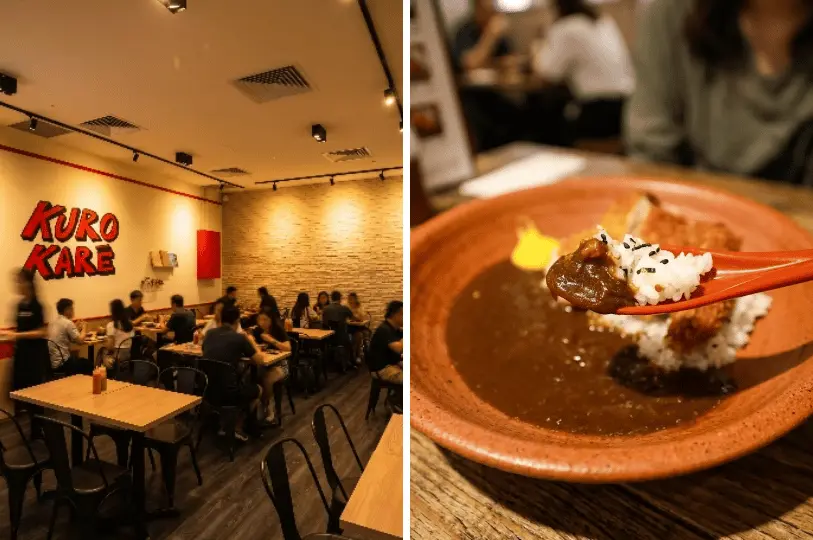 A split photo showing the cozy, lively dining room of Kuro Kare with diners seated at wooden tables on the left, and an inviting close-up shot of a red spoon scooping up rice coated in thick, dark Japanese curry on the right.