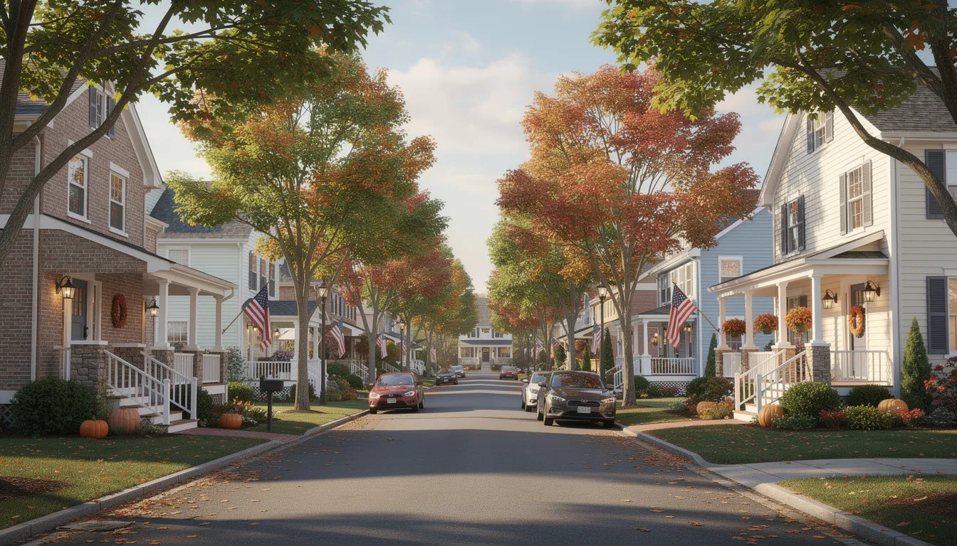The image depicts a welcoming New England neighborhood street lined with lush trees and charming residential homes, creating a friendly atmosphere ideal for families. This picturesque setting reflects the essence of Connecticut real estate, where buyers can envision their dream home amidst a competitive environment.