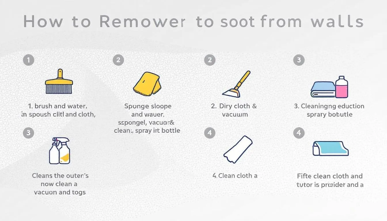 A step-by-step visual guide on removing soot from walls, featuring cleaning tools.