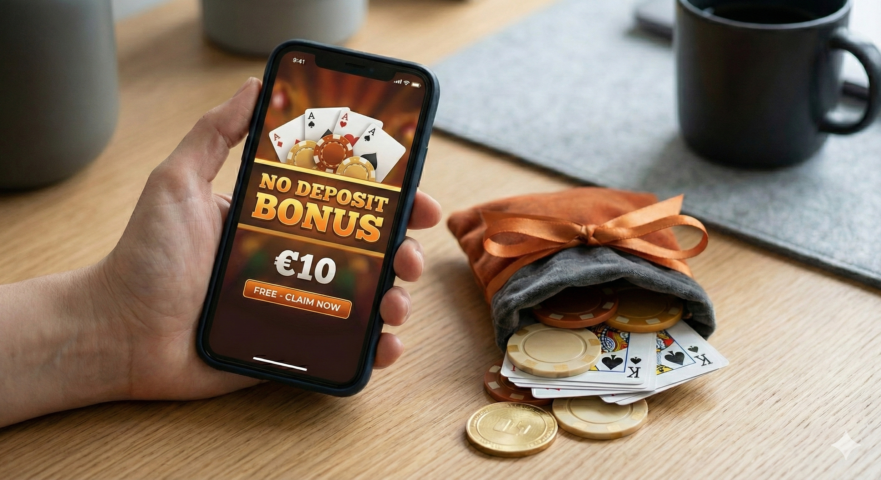 No deposit bonus bij online casino met €10 bonus op smartphone, casinofiches en speelkaarten, voorbeeld van casino bonus zonder storting.