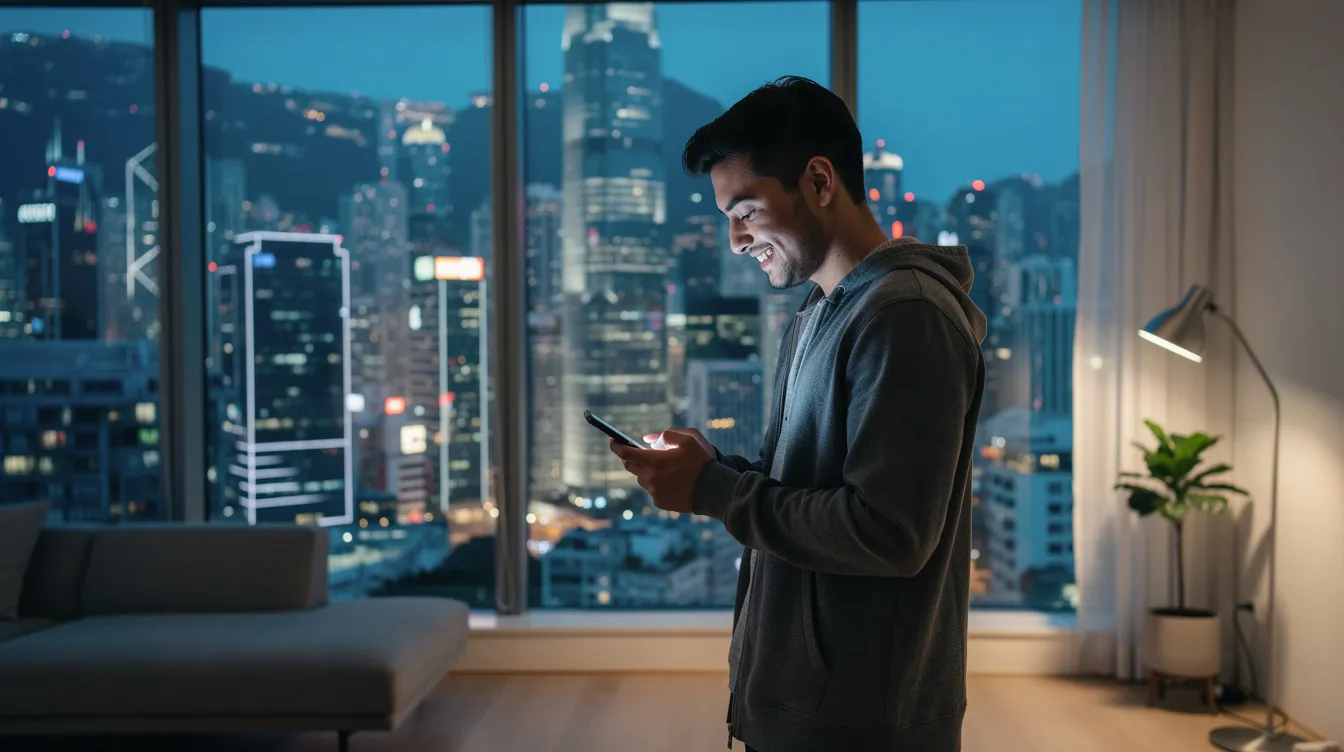A person is sitting in a modern Hong Kong apartment, checking their phone with a relieved expression, possibly after managing their finances or confirming a successful transaction related to their 二線 清 數. The contemporary decor of the apartment reflects a blend of comfort and style.