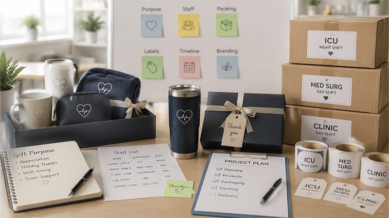 Hospital Christmas gift planning process for nurses including customization, packaging, bulk ordering and healthcare corporate supply chain