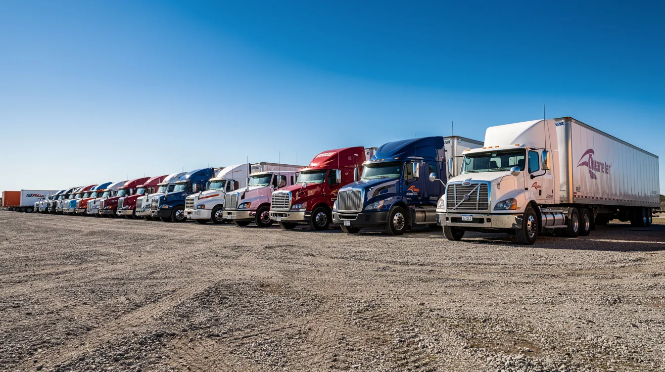 The image shows a row of heavy-duty commercial trucks, including box trucks and trailers, parked neatly in a gravel lot under a clear blue sky. This scene highlights the current inventory of reliable machinery ready for business operations in New Jersey.