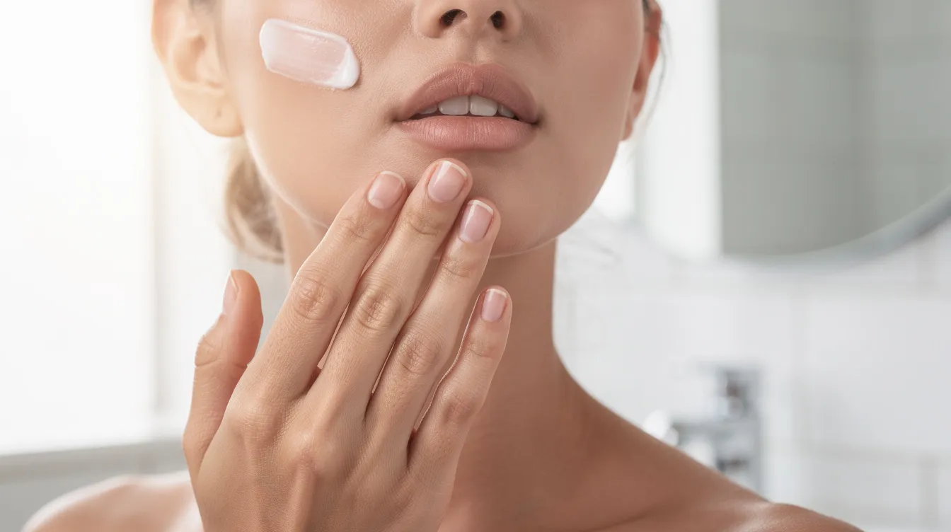 A close-up image shows a person gently applying a lightweight cream moisturizer to their cheek in a bright, clean bathroom, highlighting the importance of daily skincare for maintaining a healthy skin barrier. The scene emphasizes a refreshing and nurturing skincare routine, ideal for sensitive skin and those seeking to address various skin concerns.