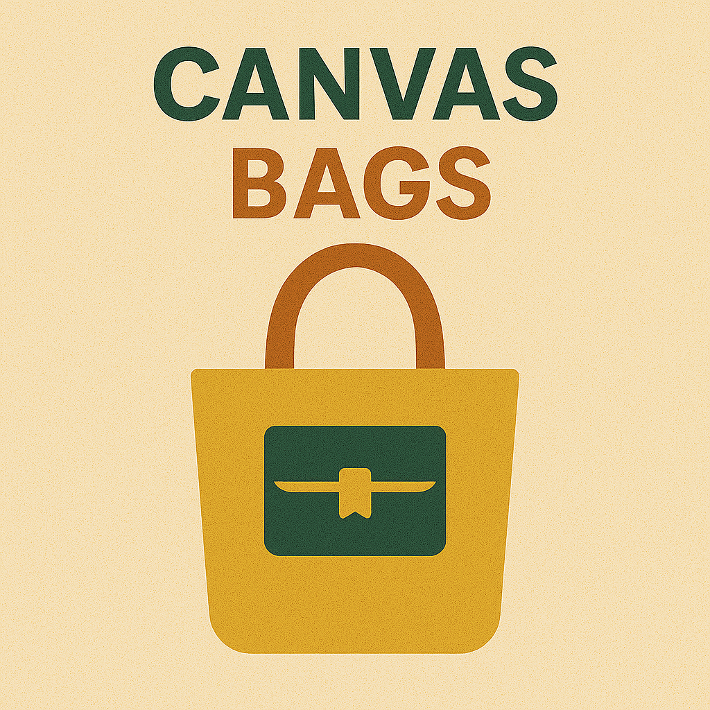 Stylized canvas bag with handles and a front logo patch. Text highlights canvas bags as strong, durable, and effective for branding.