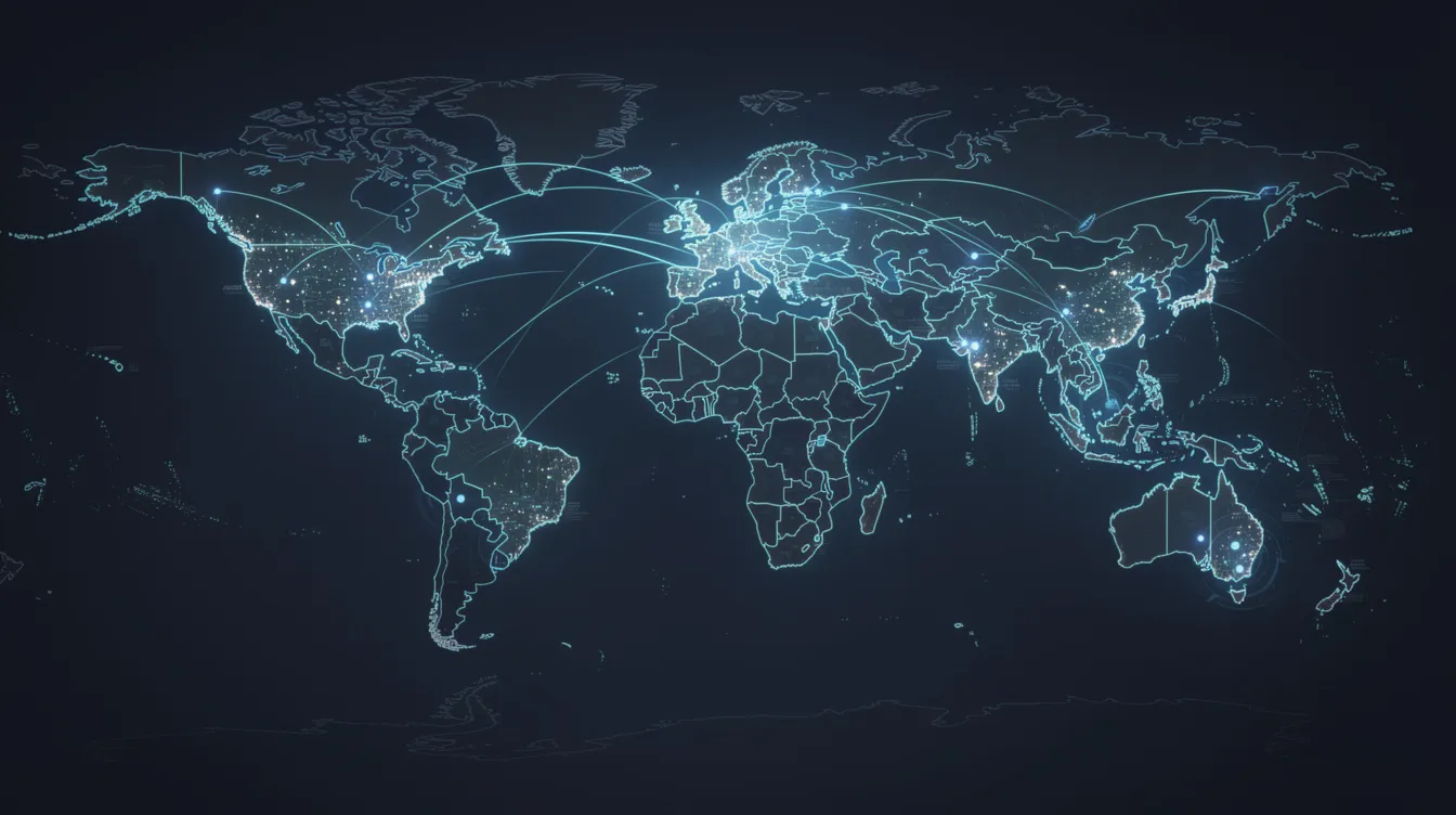 The image depicts a global map featuring interconnected banking network lines linking various cities, symbolizing the seamless transfer of money across borders. This visual representation highlights the services offered by banks, such as Karur Vysya Bank, for international money transfers, ensuring funds are delivered safely and efficiently.