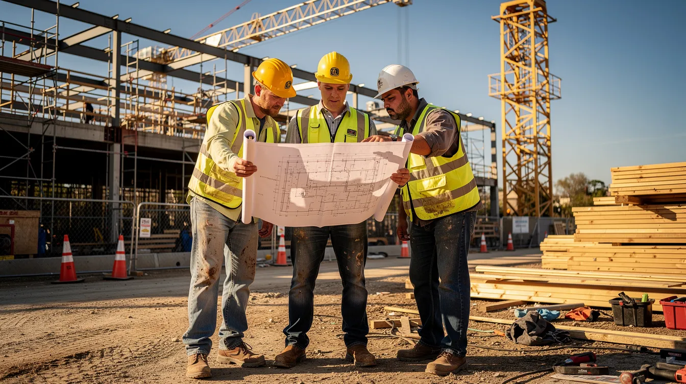 A construction foreman in a hard hat is reviewing blueprints with two skilled construction workers at an active job site, ensuring that the construction projects are aligned with safety protocols and project timelines. This collaboration highlights the importance of experienced workers in the construction industry, especially amid the ongoing labor shortage.