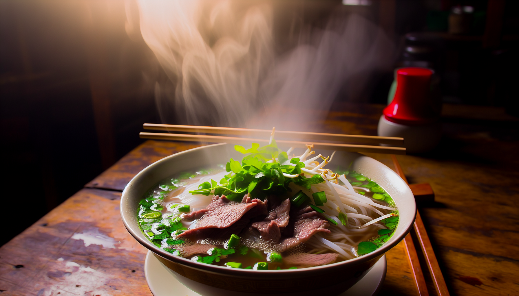 A steaming bowl of traditional Vietnamese pho with rice noodles and thinly sliced beef