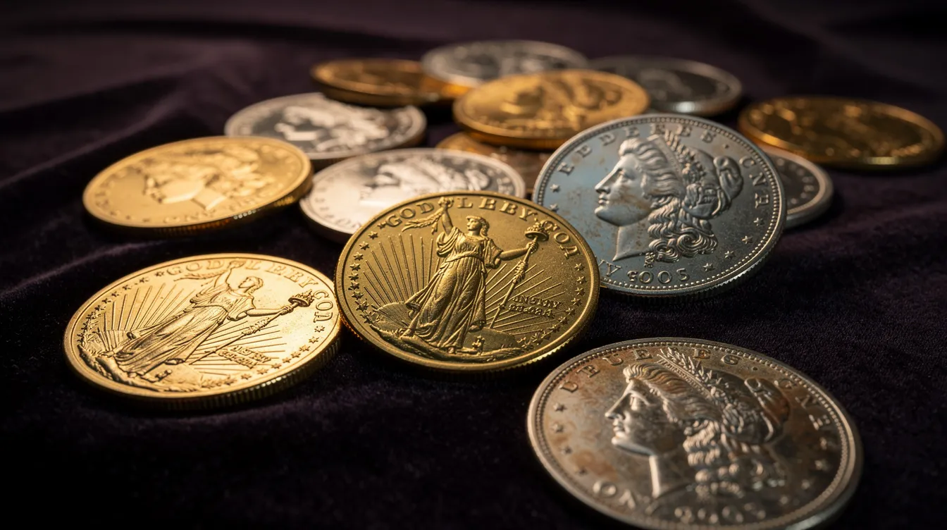 The image features a stunning array of gold and silver coins, including American Gold Eagles and Morgan Silver Dollars, elegantly displayed on a dark velvet surface. This collection highlights the beauty of rare coins and precious metals, appealing to collectors and enthusiasts alike.
