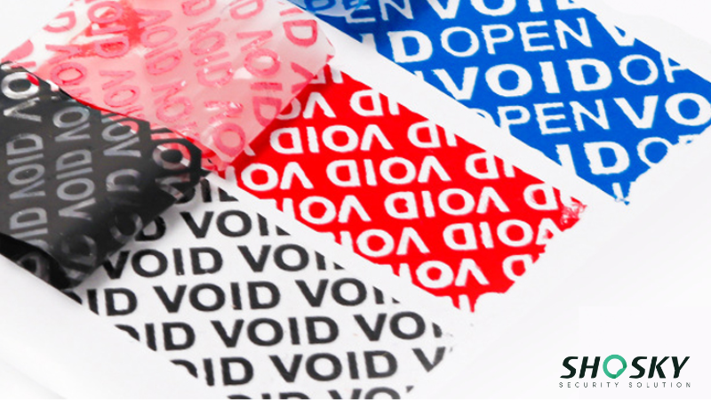Close-up of "VOID" pattern security labels, essential for product integrity