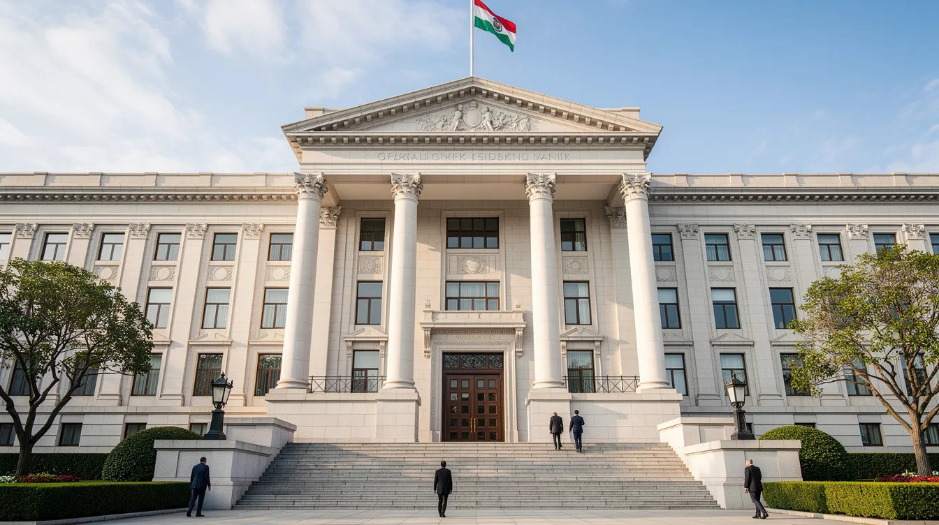 The image depicts the exterior of an official government building, likely an immigration office or local town hall, where individuals can apply for residency documents, such as a foreigner identity card or tie card in Spain. The architecture reflects a formal style typical of government institutions, emphasizing its role in providing essential services to residents and foreign nationals.