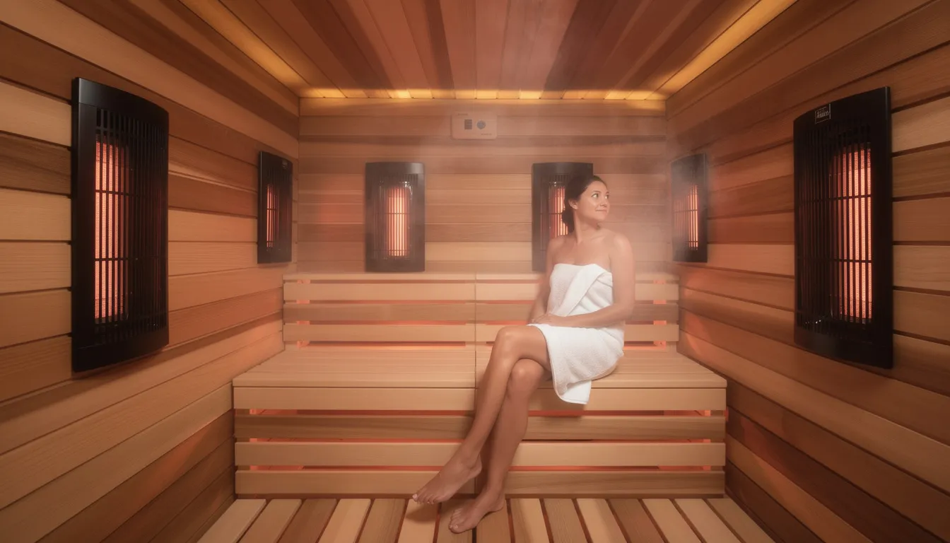 A person is relaxing inside a wooden infrared sauna, where carbon panel heaters are mounted on the walls, providing deep heat through infrared light waves. This environment promotes detoxification and enhances skin health, offering unique benefits compared to traditional saunas.