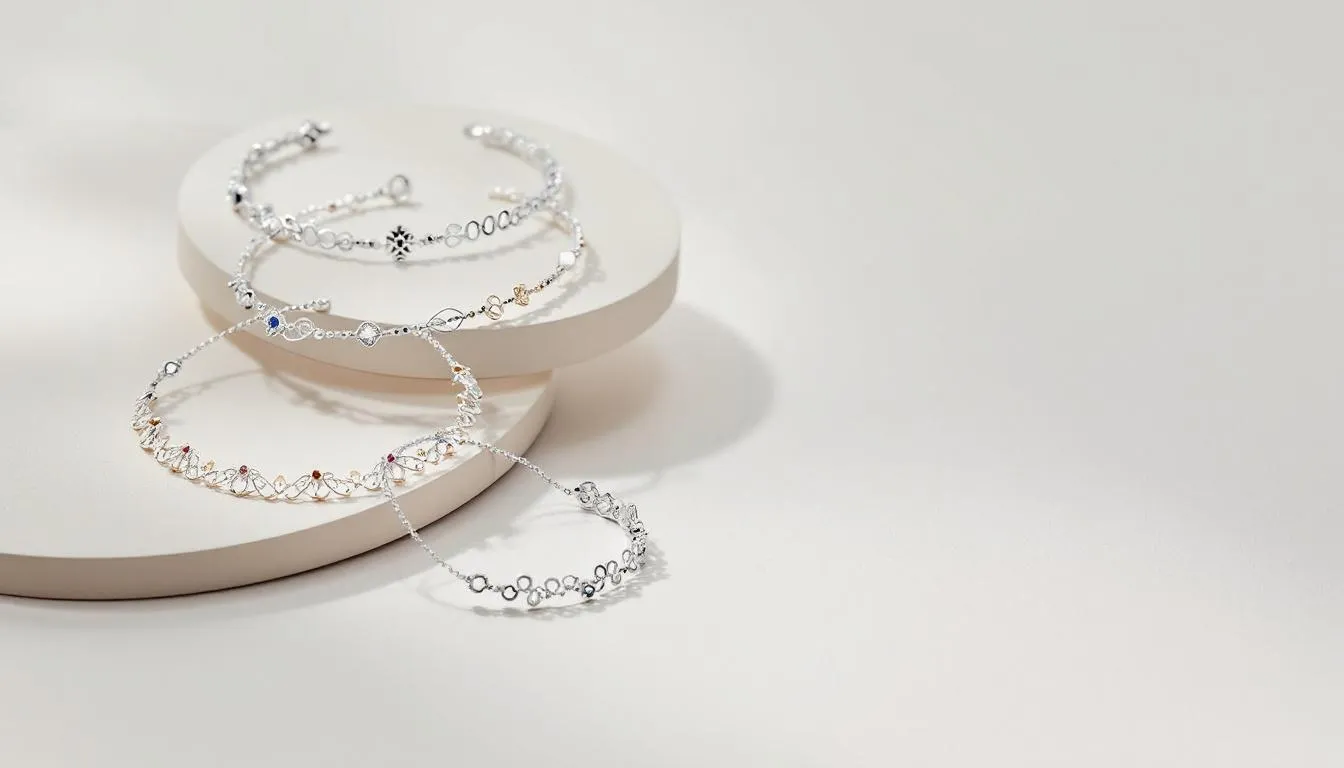 A collection of adorned silver anklets showcasing personal style.