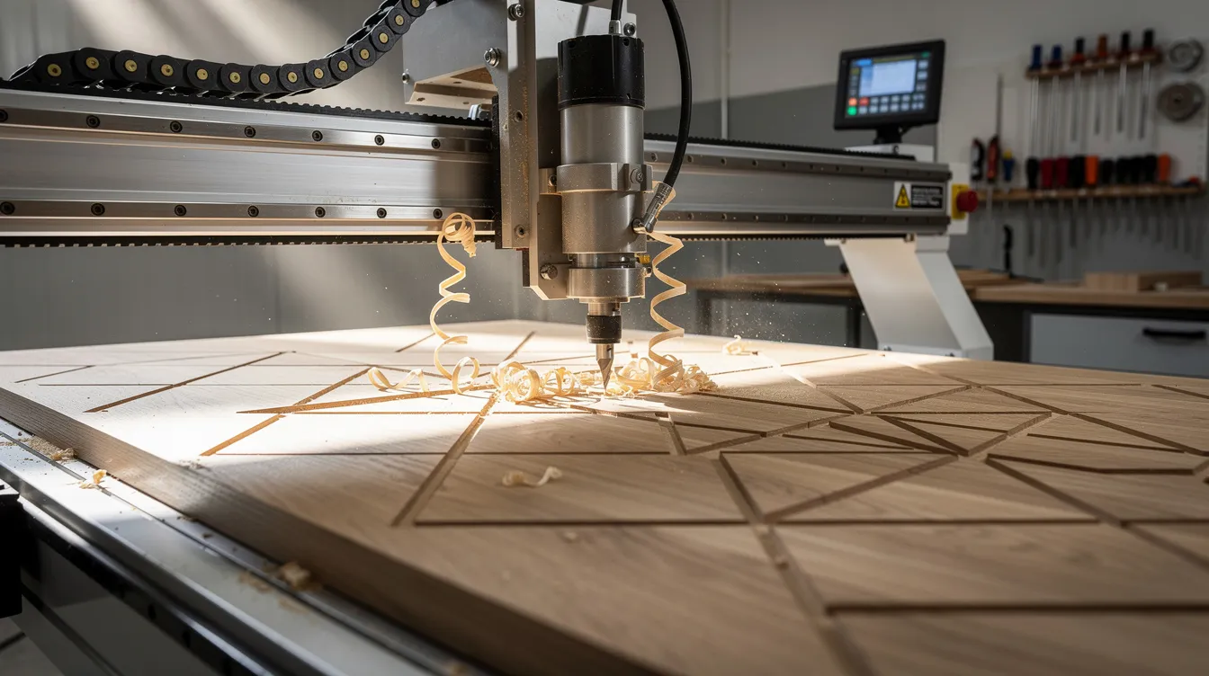 The image depicts a CNC router machine actively cutting intricate patterns into a wooden board within a modern workshop, showcasing the precision and efficiency essential for woodworking projects. This advanced technology is ideal for creating custom furniture and various wood products, catering to the growing demand in the woodworking industry.