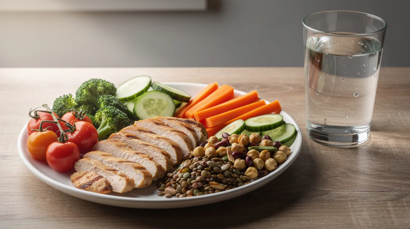 Un plato de comida saludable que incluye pollo a la plancha, verduras frescas y legumbres, acompañado de un vaso de agua. Esta opción es ideal para quienes están en proceso de recuperación de una abdominoplastia, ya que promueve una dieta equilibrada y saludable.