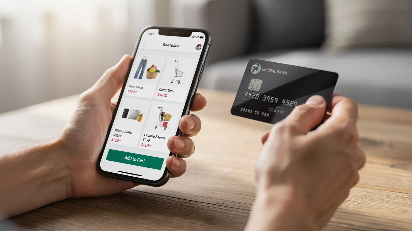 A person is engaged in shopping on their mobile phone while holding a credit card, illustrating the convenience of ecommerce on mobile devices. This scene highlights the importance of mobile optimization for online stores to enhance user experience and drive organic traffic.