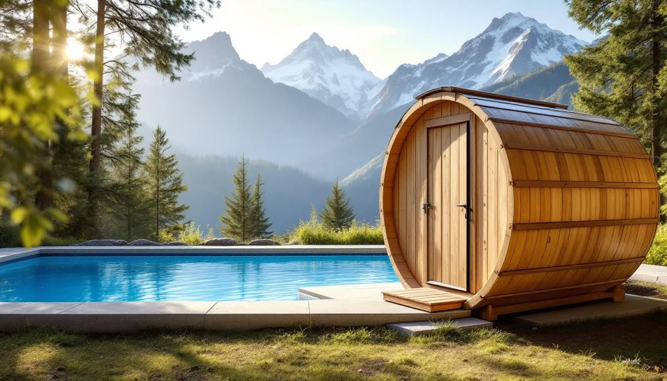 An outdoor barrel sauna is situated next to a swimming pool, offering stunning mountain views in the background. This inviting sauna, ideal for home use, provides a perfect space for relaxation and stress relief, enhancing the sauna experience with the natural beauty of the outdoors.