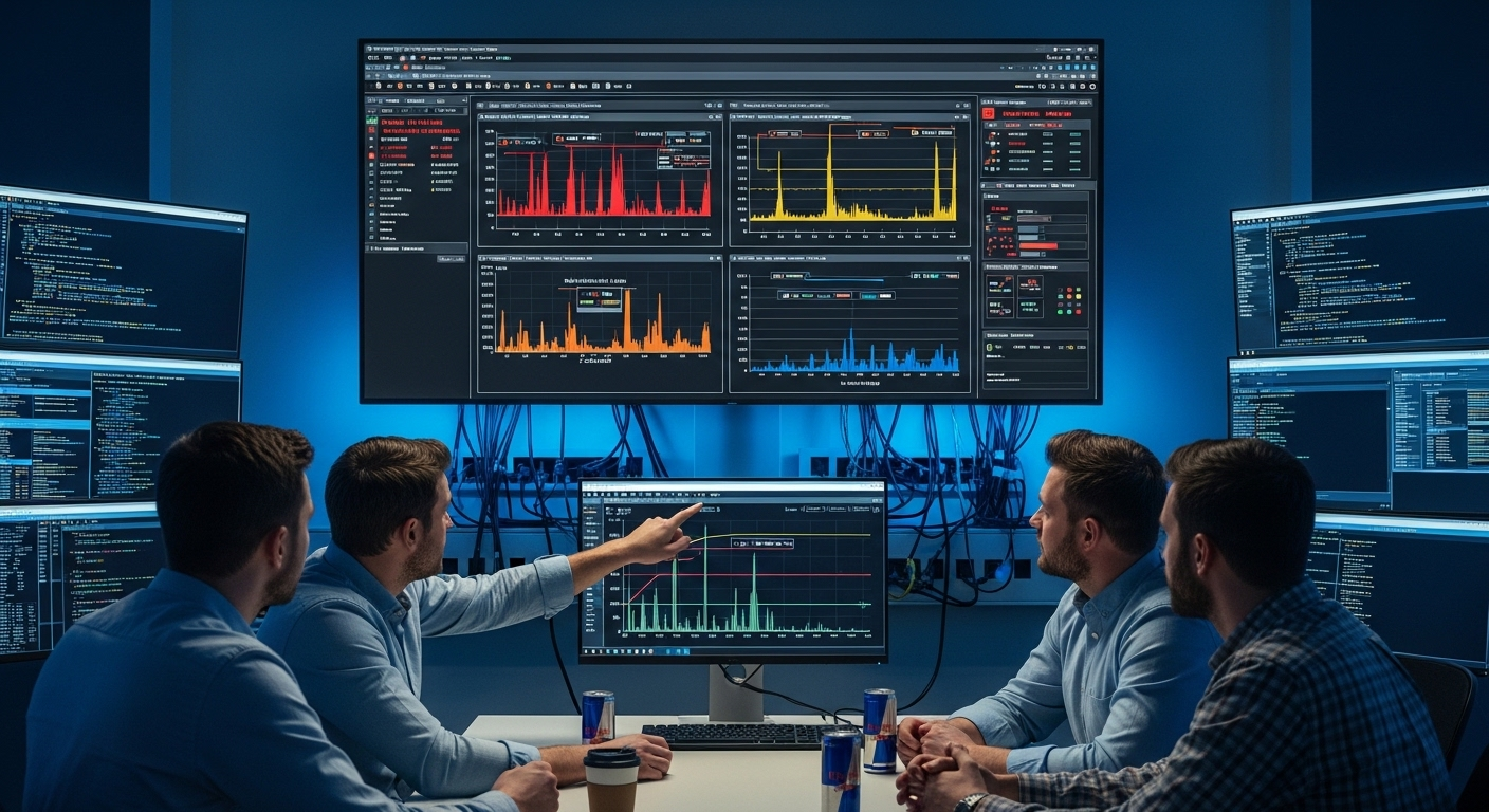 IT team troubleshooting VDI performance issues on a monitoring dashboard with alerts and resource usage graphs.