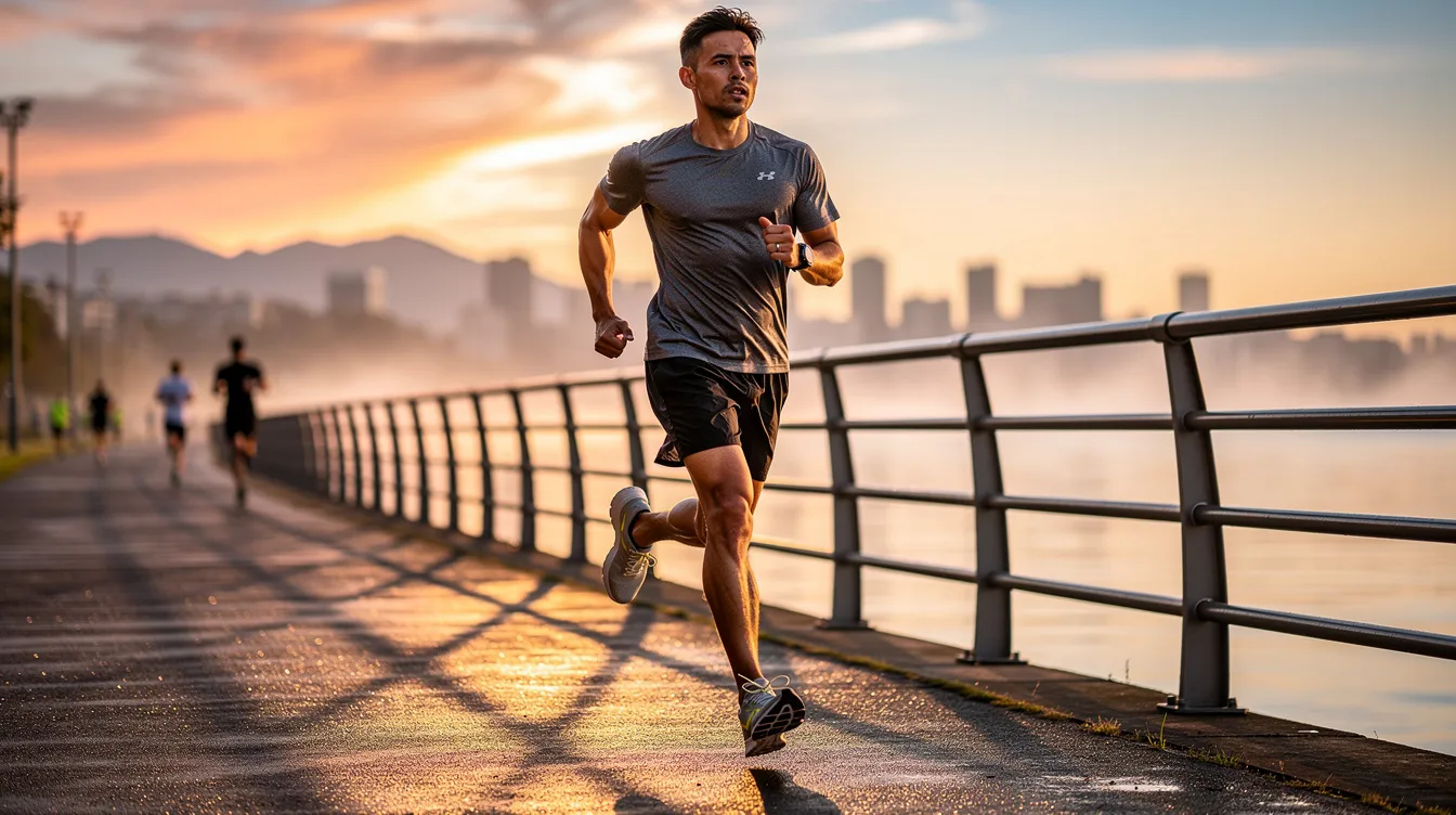 A fit man running along a waterfront path at sunrise, reflecting a healthy lifestyle and the goal of a more defined physique.