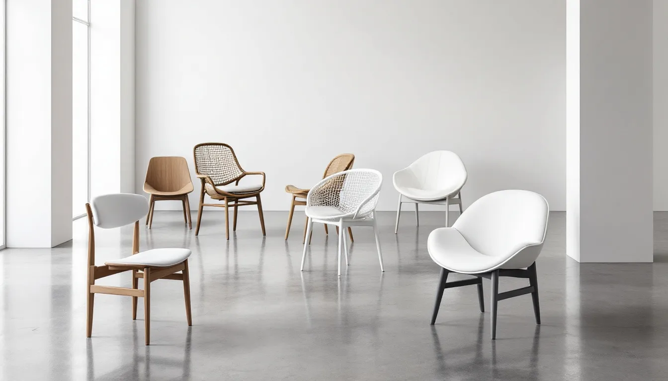 Different materials of white dining chairs displayed in a showroom.