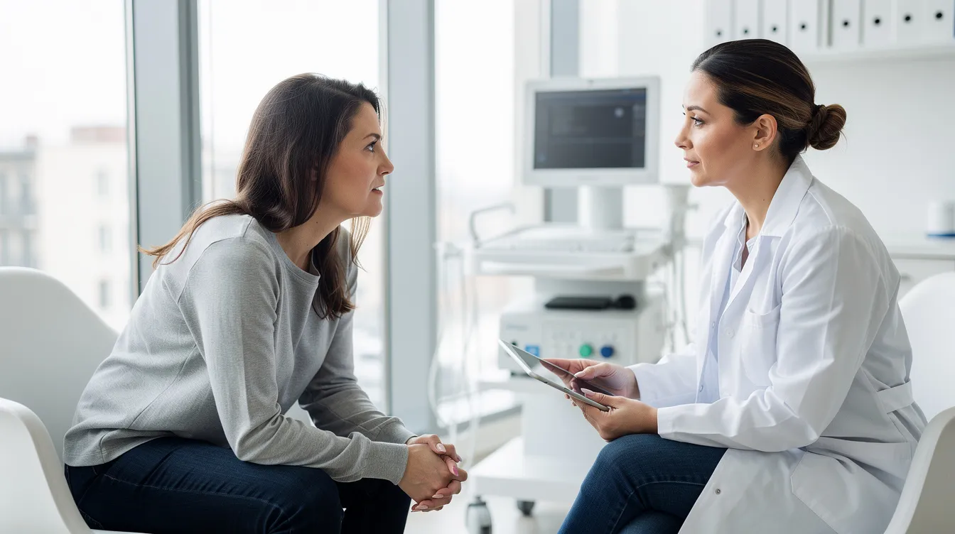 A woman is seated across from a female doctor in a bright, modern office, discussing her sexual health concerns, including low sexual desire and potential treatments for improving libido. The consultation emphasizes the importance of addressing issues like vaginal dryness and overall sexual satisfaction for women, particularly those experiencing hormonal changes.