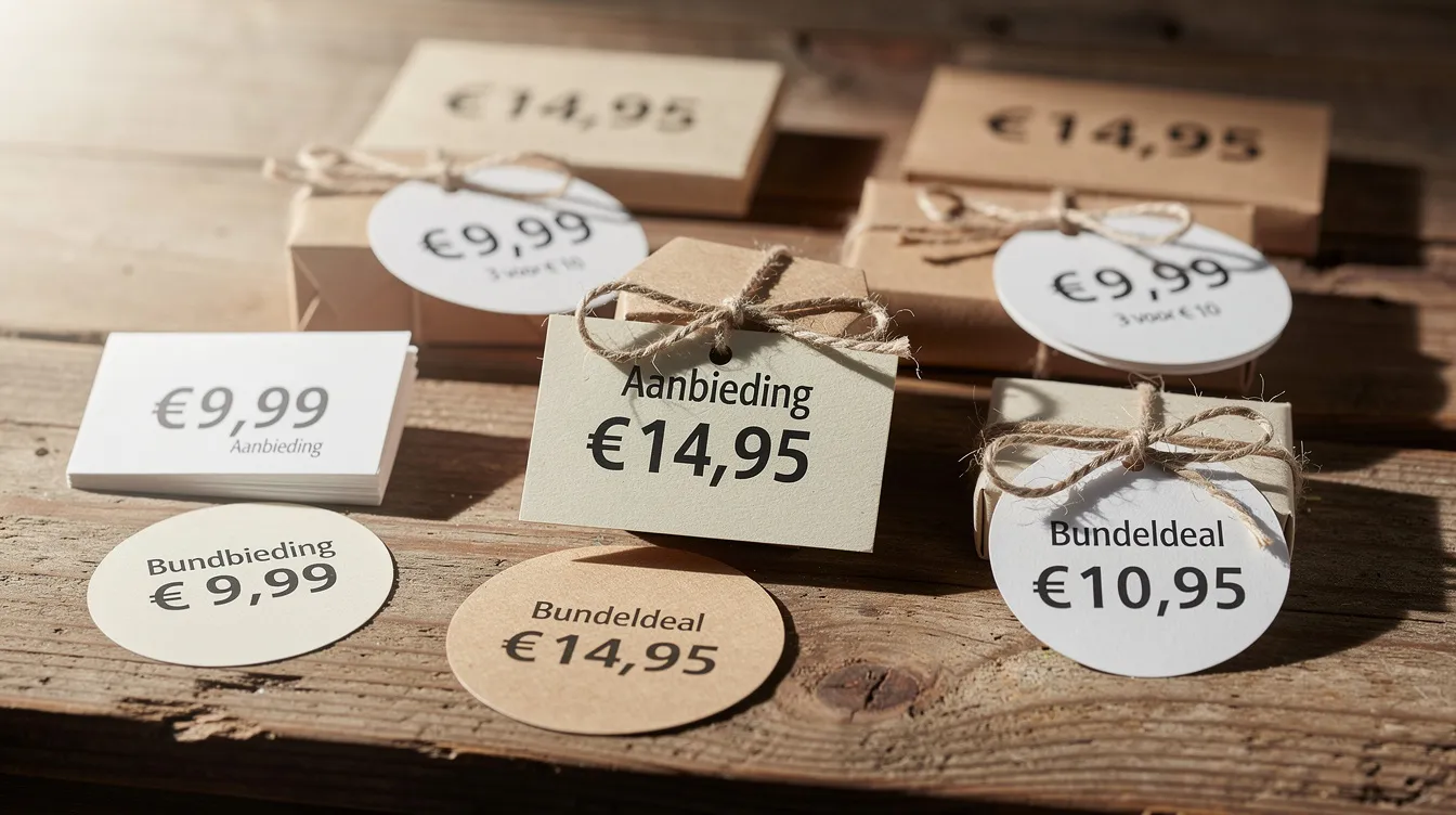 Op de houten tafel liggen verschillende prijskaartjes en bundels uitgestald, die de aandacht trekken van potentiële klanten. Deze presentatie kan invloed hebben op hun aankoopbeslissingen door in te spelen op psychologische principes en emoties.