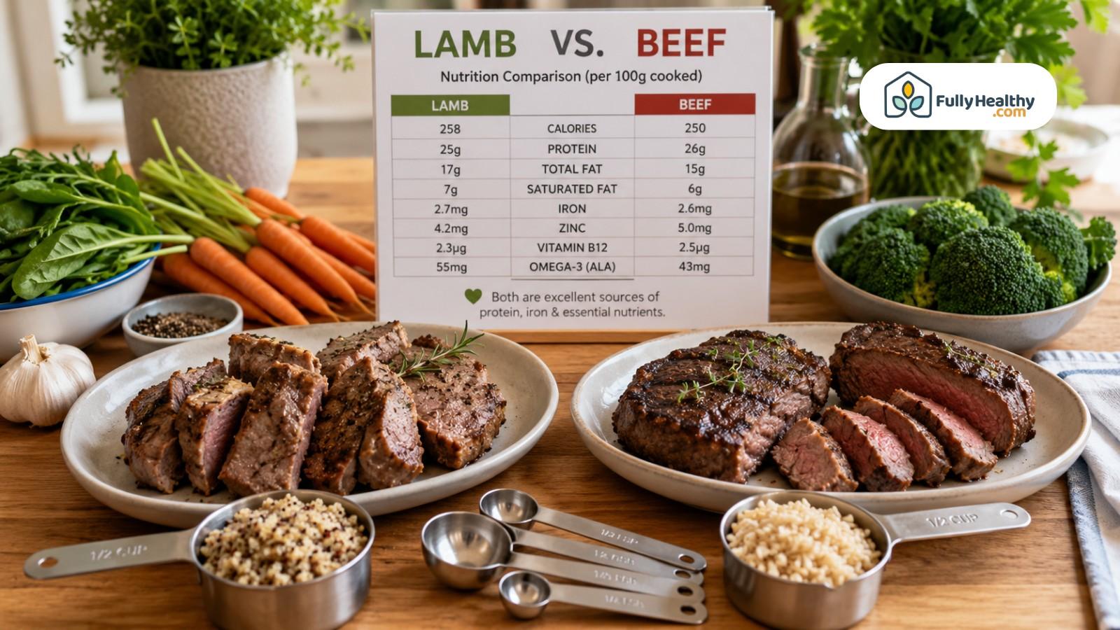 Lamb and beef nutrition comparison with cooked meat, vegetables, and measuring cups