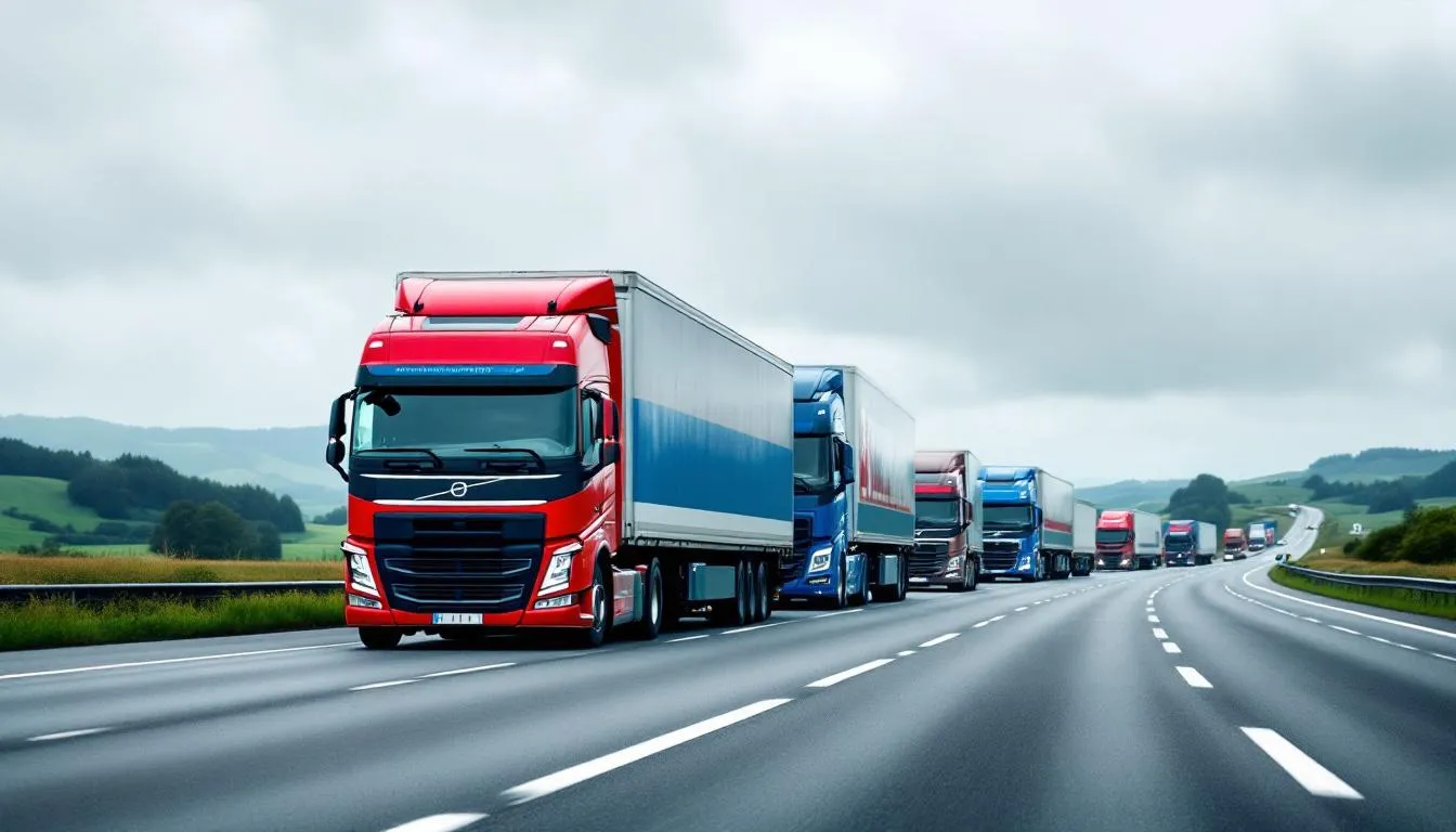Un grupo de camiones de transporte circula por una autopista europea, mostrando la actividad del sector del transporte de mercancías. Estos vehículos, que son esenciales para la logística y la gestión comercial, reflejan la competencia profesional necesaria en la formación de conductores y transportistas.