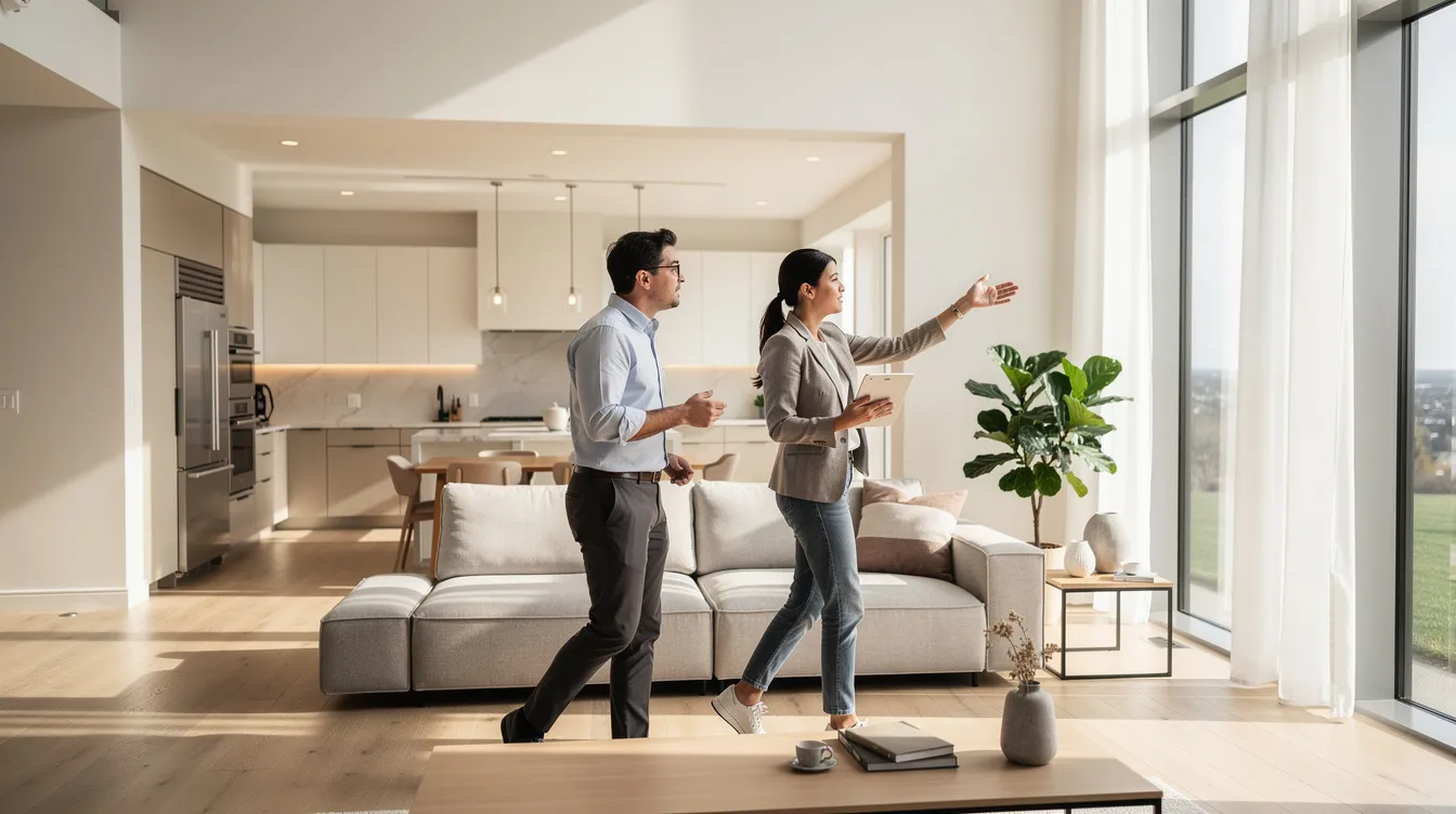 In this bright, modern interior of a home in West Sacramento, two people are engaged in a consultation, gesturing towards a large window that illuminates the open living area. This scene captures the essence of home staging services in the greater Sacramento area, highlighting the collaborative process between clients and business professionals.