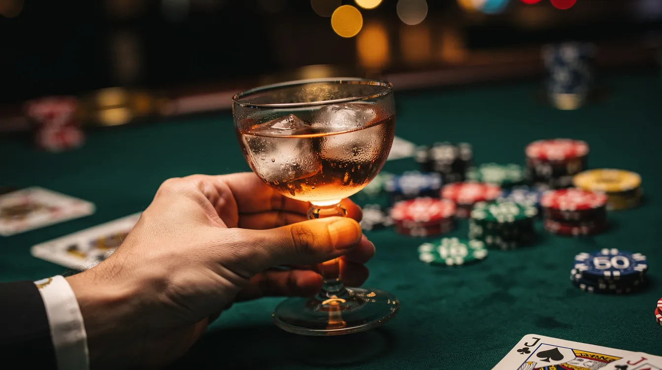 Die Nahaufnahme zeigt eine Hand, die ein elegantes Cocktailglas hält, während im Hintergrund ein verschwommener Casino-Tisch mit grünem Filz und bunten Spielchips zu sehen ist, was an die glamourösen Szenen aus James Bond Filmen erinnert. Diese Darstellung evoziert das Gefühl von Spannung und Abenteuer, das typisch für die Bond Reihe ist.