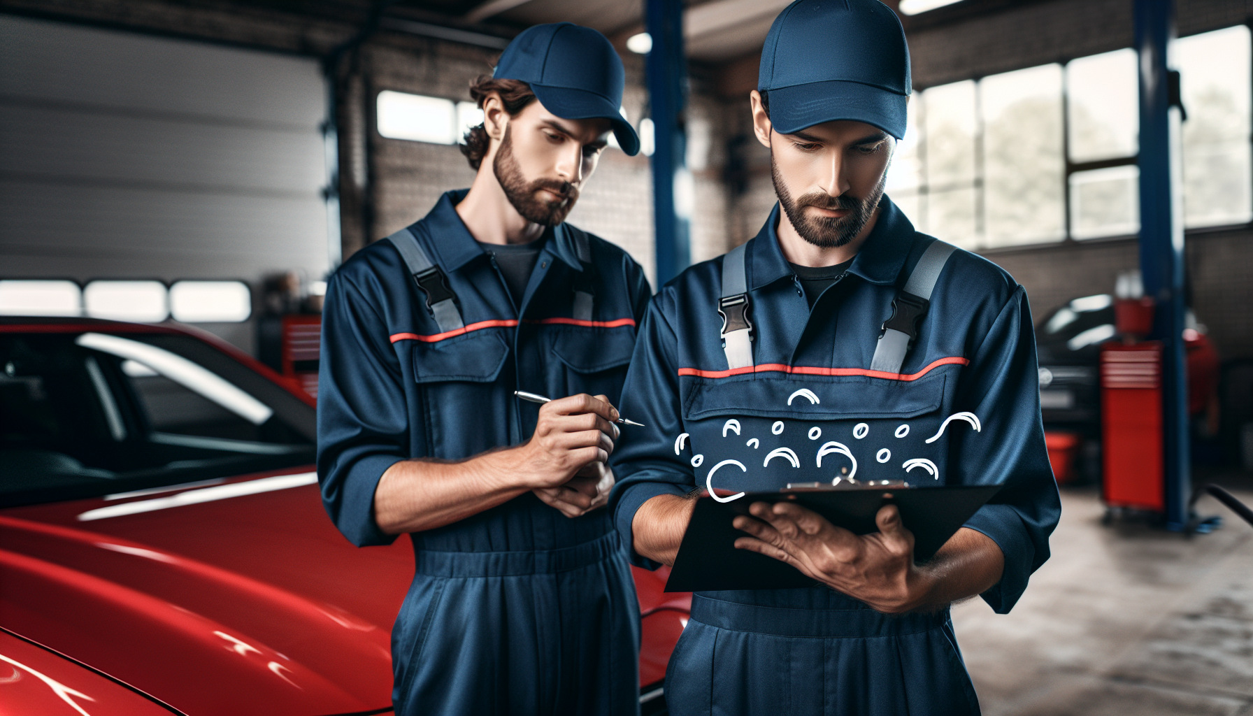 A mechanic inspecting a car with a checklist in hand