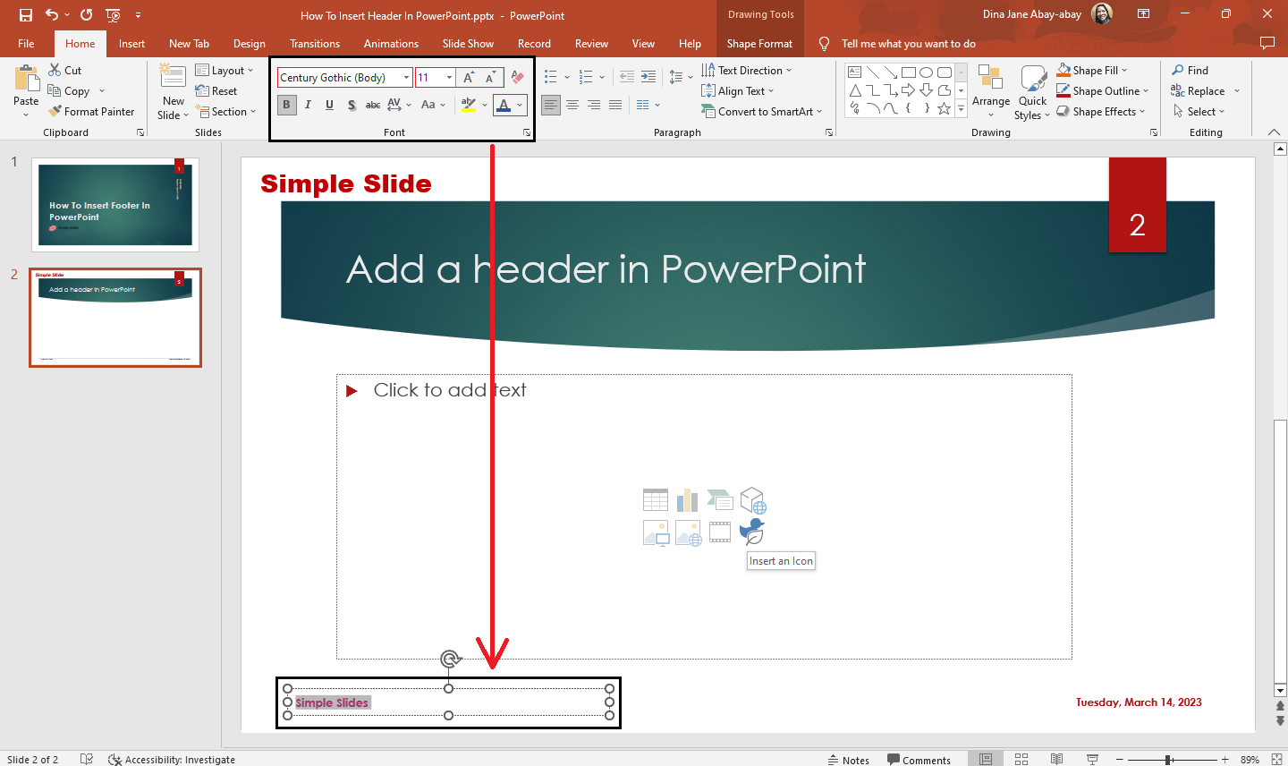 powerpoint footer presentation title