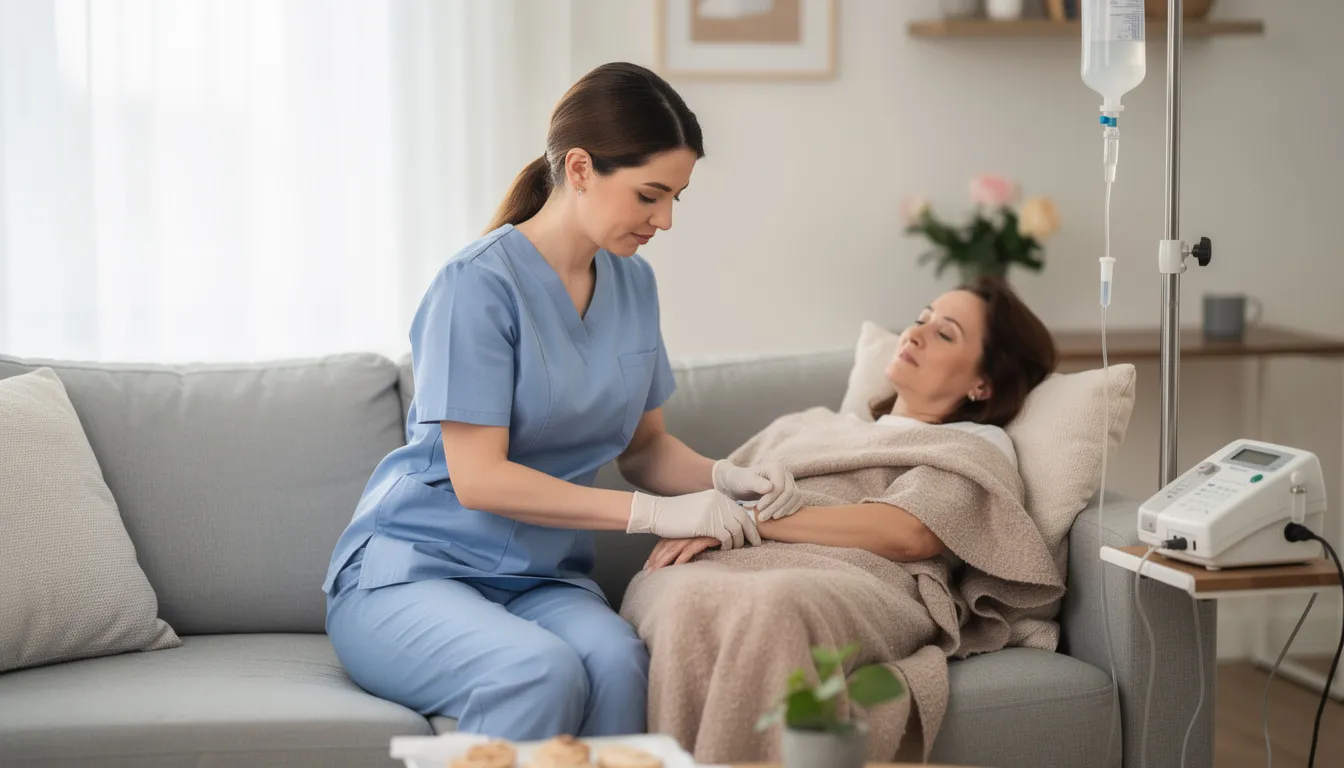 Doctor on Call in Dubai | 24/7 Home, Hotel & Office Visits by Vitals Healthcare 7 A nurse is gently administering IV therapy to a patient who is resting comfortably at home, showcasing the convenience of home healthcare services. This scene highlights the importance of professional medical care and the personalized treatment plans offered by licensed doctors through doctor on call services in Dubai.