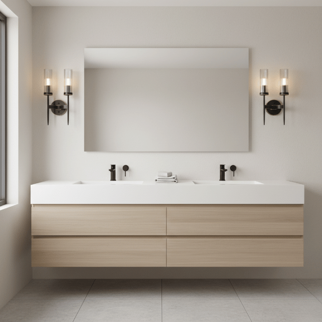 Modern bathroom wall sconces with clear glass shades flanking a wide vanity mirror, providing balanced task lighting.