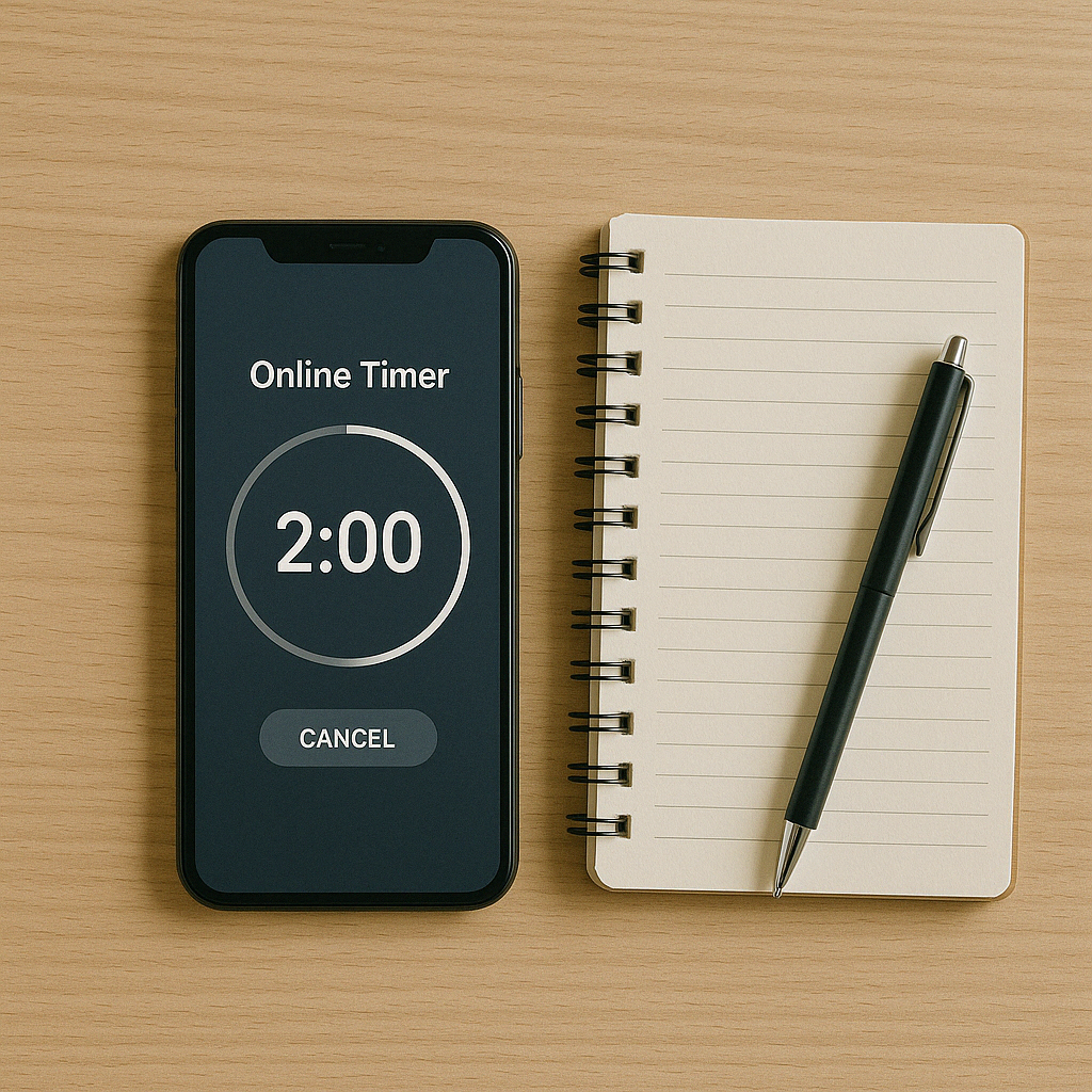 Smartphone shows a 2:00 online timer beside a notebook and pen on a desk, emphasizing quick time entry, track time, in depth focus, and avoiding bad habits.