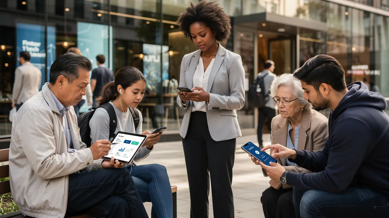 The image depicts a diverse group of individuals engaged in mobile banking, using smartphones and tablets in an urban environment. They are accessing financial data and managing their personal finances through innovative open banking solutions, reflecting the growing trend of financial inclusion and the use of technology in the banking industry.